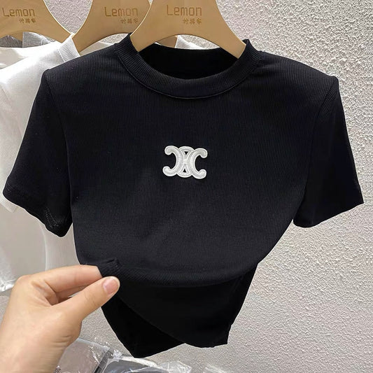 2023 short T-shirt women's summer self-cultivation bottoming shirt design sense niche embroidery black short-sleeved top tide
