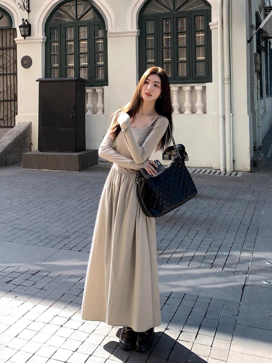MULVAN square neck long-sleeved knitted dress for women, French style, high-end, waist slimming, A-line splicing long skirt (S0604)