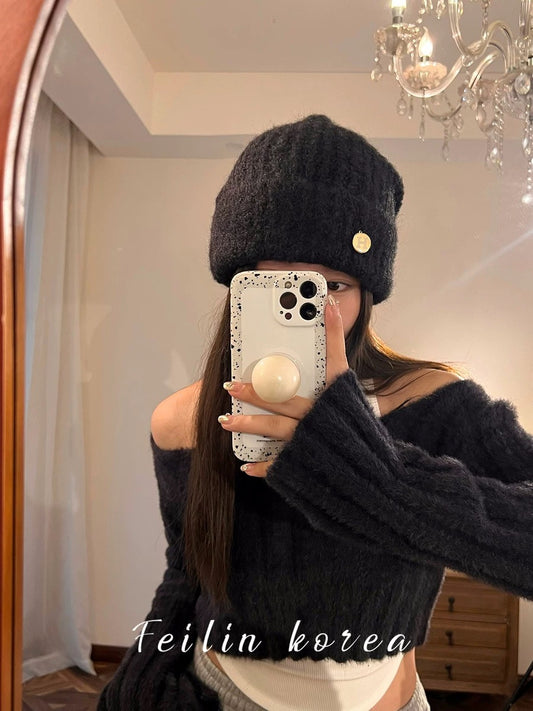 Cashmere Knitted Hat Women's 2023 New Wool Hat Autumn and Winter Warmth Ear Protection Internet Celebrity Pile Hat Big Head Circumference Cold Hat