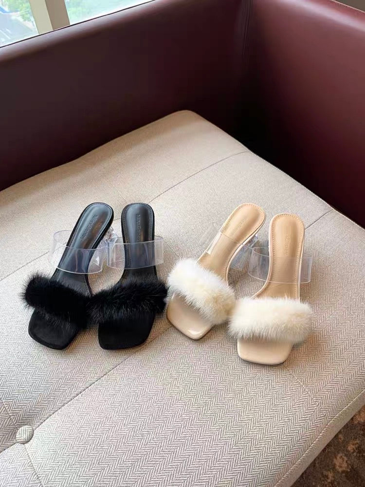 Transparent sandals for women 2023 summer new Korean style fashion mink fur one-shaped medium heel thick heel slippers women's outerwear