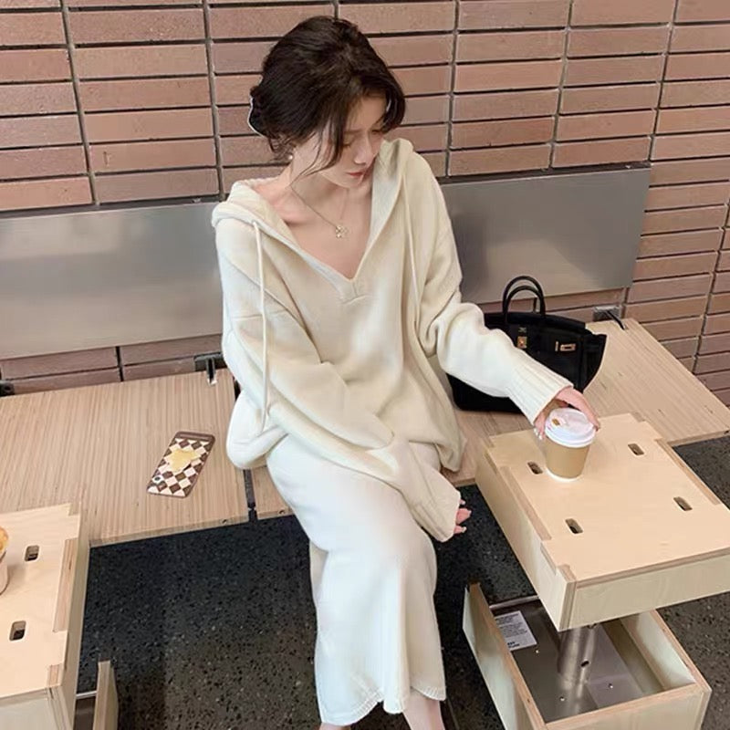 Autumn clothing 2023 new two-piece suit French style high-end hooded knitted dress for women autumn and winter