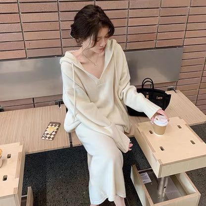 Autumn clothing 2023 new two-piece suit French style high-end hooded knitted dress for women autumn and winter