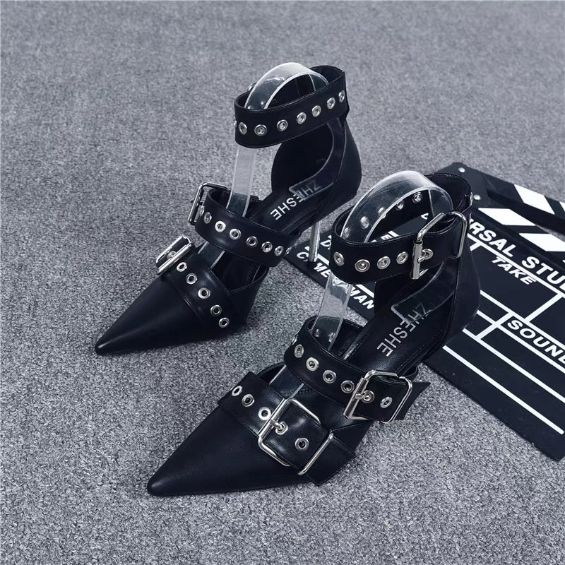 Street cool and handsome punk style high-heeled sandals, feminine metal buckle stiletto pointed toe hot girl toe white high heels