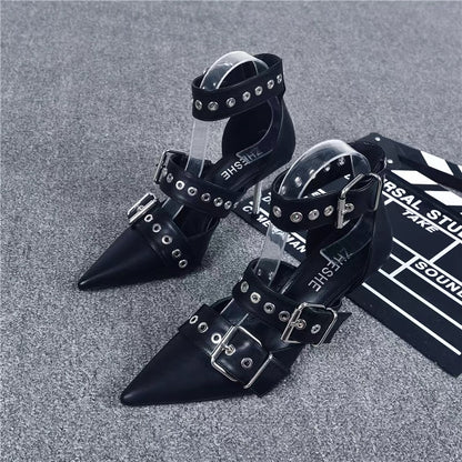 Street cool and handsome punk style high-heeled sandals, feminine metal buckle stiletto pointed toe hot girl toe white high heels