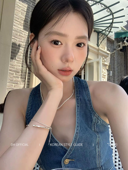 DH OFFICIAL Big Flower [Art Beauty] Denim Dress Women's Summer Korean Commuter Halter V-neck A-line Skirt