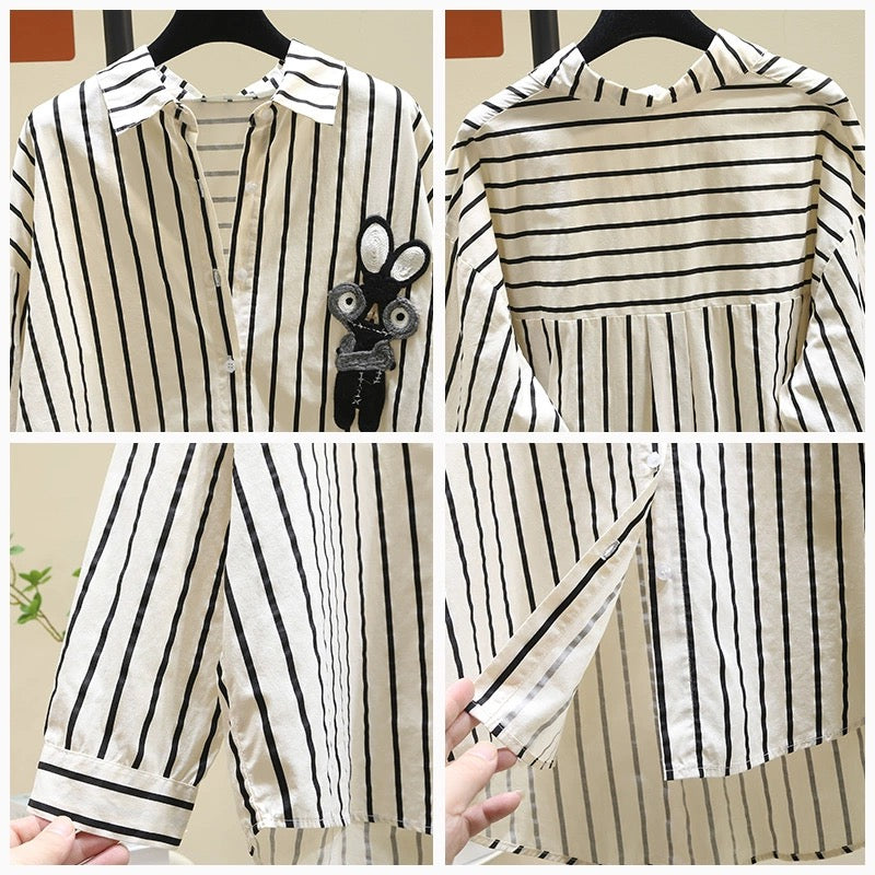 High-end mid-length black striped shirt for women 2024 spring new Korean loose design shirt tops