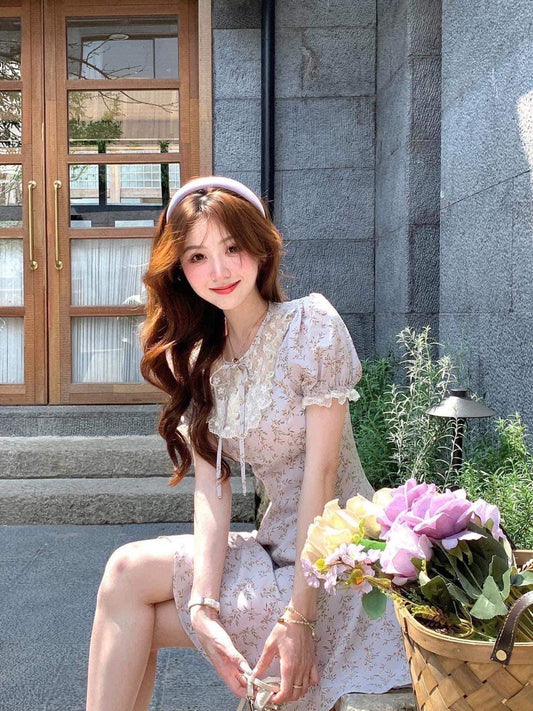 Q Women's House Summer Daughter Group/French-style luxury light luxury little black dress purple floral dress 2023 summer