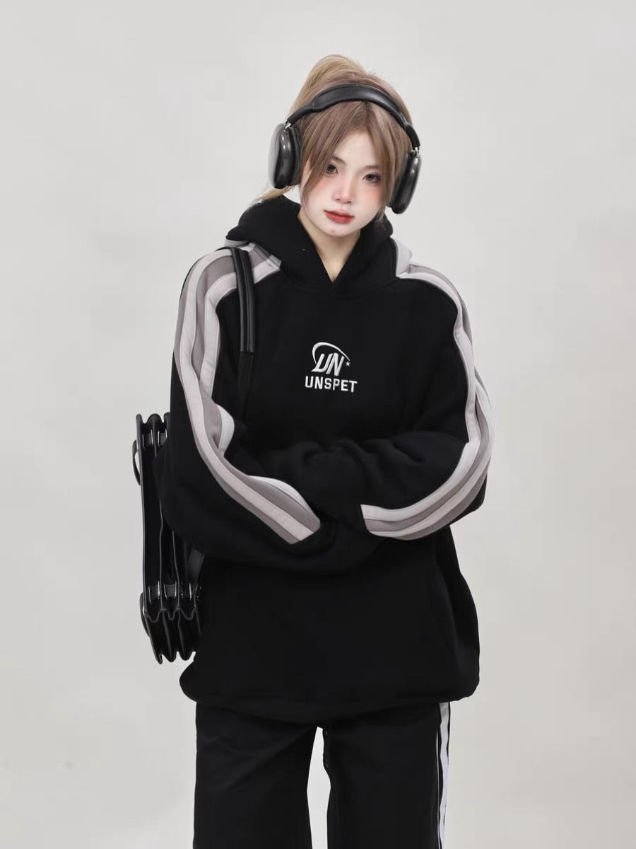 American retro oversize pink sweatshirt plus velvet thickened women's winter hooded lazy style couple niche top A3349