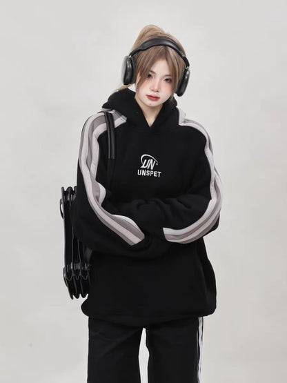 American retro oversize pink sweatshirt plus velvet thickened women's winter hooded lazy style couple niche top A3349