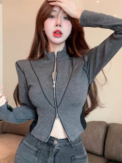 Autumn sweet and cool stand-up collar short long-sleeved double zipper design t-shirt cardigan women's slim and versatile coat top