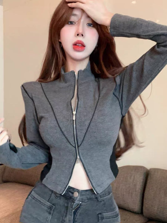 Autumn sweet and cool stand-up collar short long-sleeved double zipper design t-shirt cardigan women's slim and versatile coat top