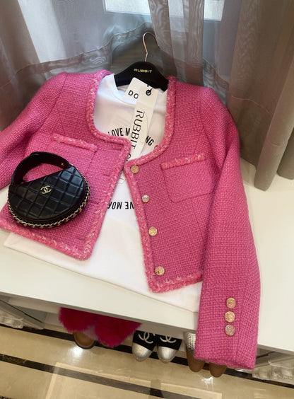 RUBBIT spring new product White rose red small fragrance short coat Temperament age-reducing woolen woven short top female