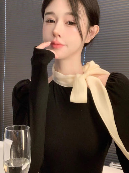 Autumn clothing, versatile halter neck, bow tie, slimming sweater for women, empty shoulder, long-sleeved top, layered with bottoming shirt
