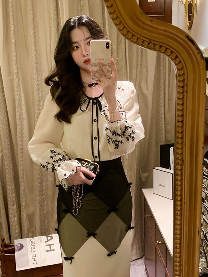 Aunt Lu and Uncle Zhuo French mid-length shirt women's "Mi Shirt" autumn design embroidered top