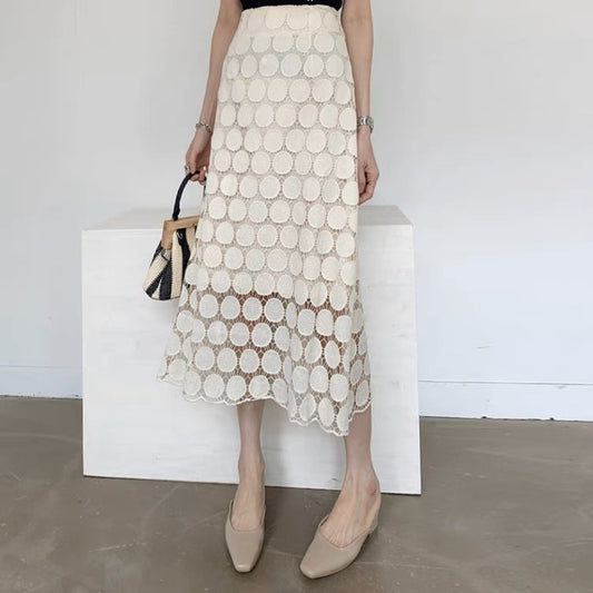 2023 new spring fairy skirt summer a-line French niche lace polka dot irregular mid-length skirt for women T3474