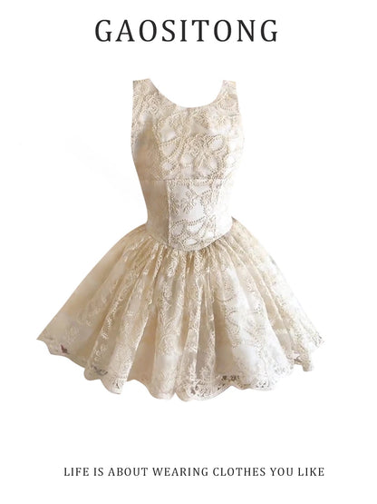 GAOSITONG Women's Summer Sleeveless Dress – French-Style Intricate Lace, Slim-Fit, Flared Mini-Dress with an Elegant, High-Society Aesthetic