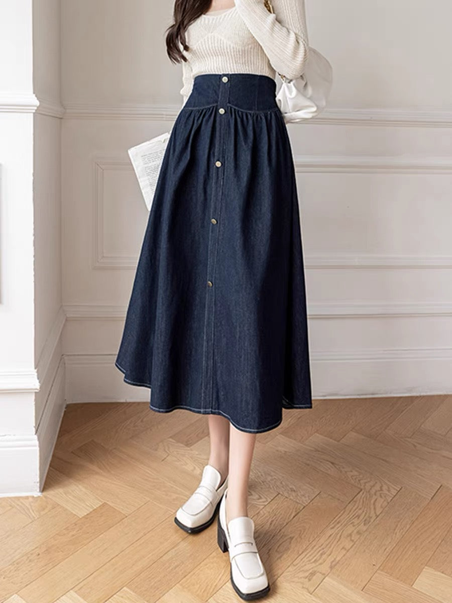 Retro denim skirt women's 2023 spring new design skirt mid-length high-waisted a-line long skirt