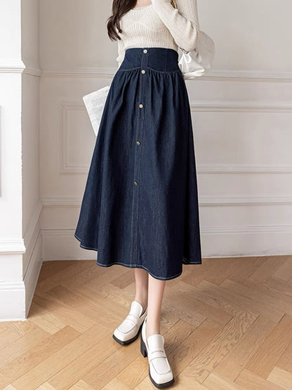 Retro denim skirt women's 2023 spring new design skirt mid-length high-waisted a-line long skirt