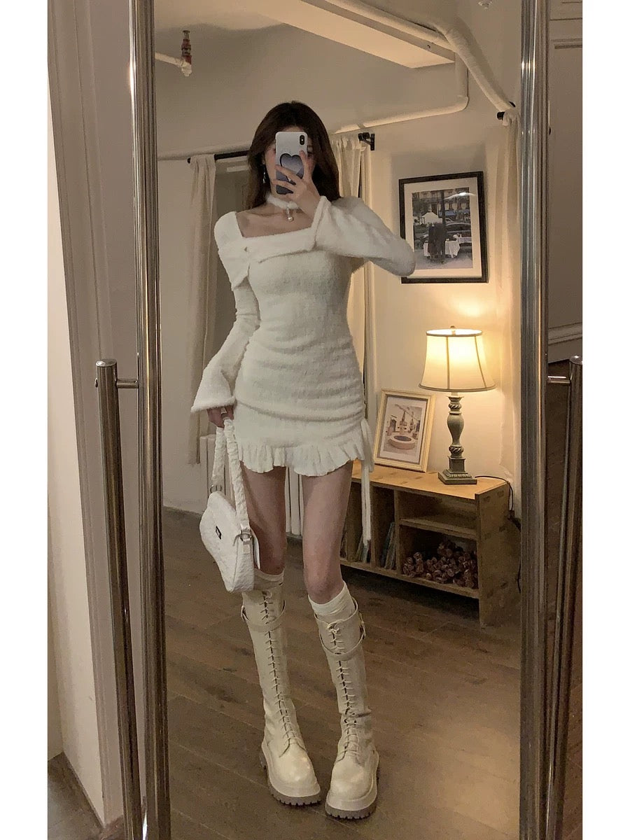 DREAM SEVEN77 long-sleeved one-shoulder plush knitted dress for women 2024 spring new short style slimming