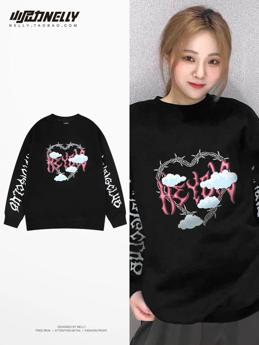 Love letter printed heavyweight sweatshirt autumn and winter trendy brand plus velvet round neck American retro youth jacket for men and women