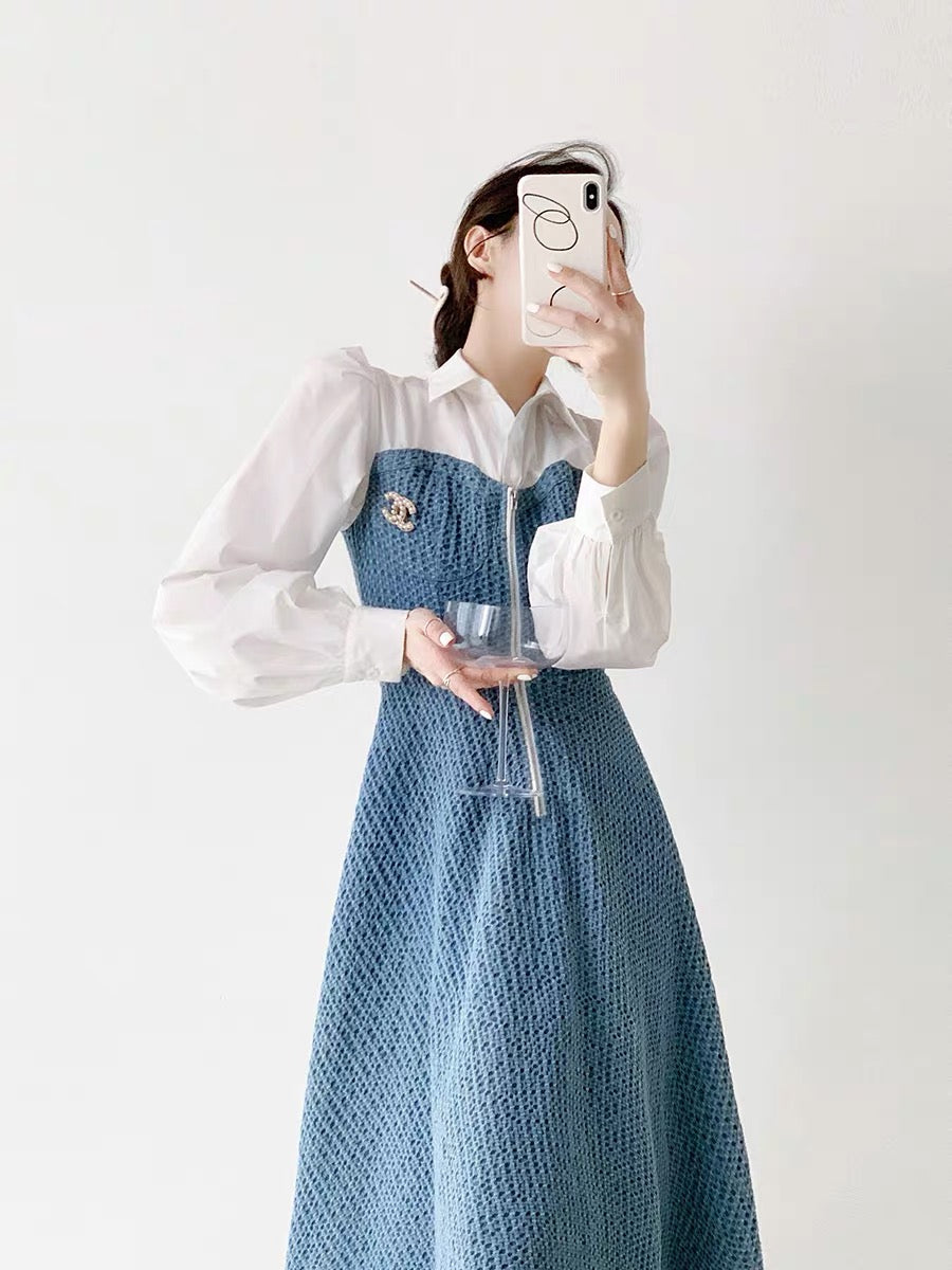 Fashion high-end exquisite small fragrant dress women's autumn and winter new style waist slimming fake two-piece long dress D9290