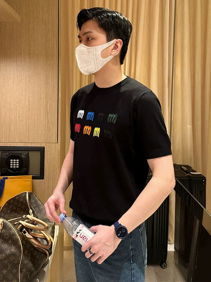 Yomobrother personalized color letter embroidery short-sleeved men's summer casual knitted tops white T-shirt men