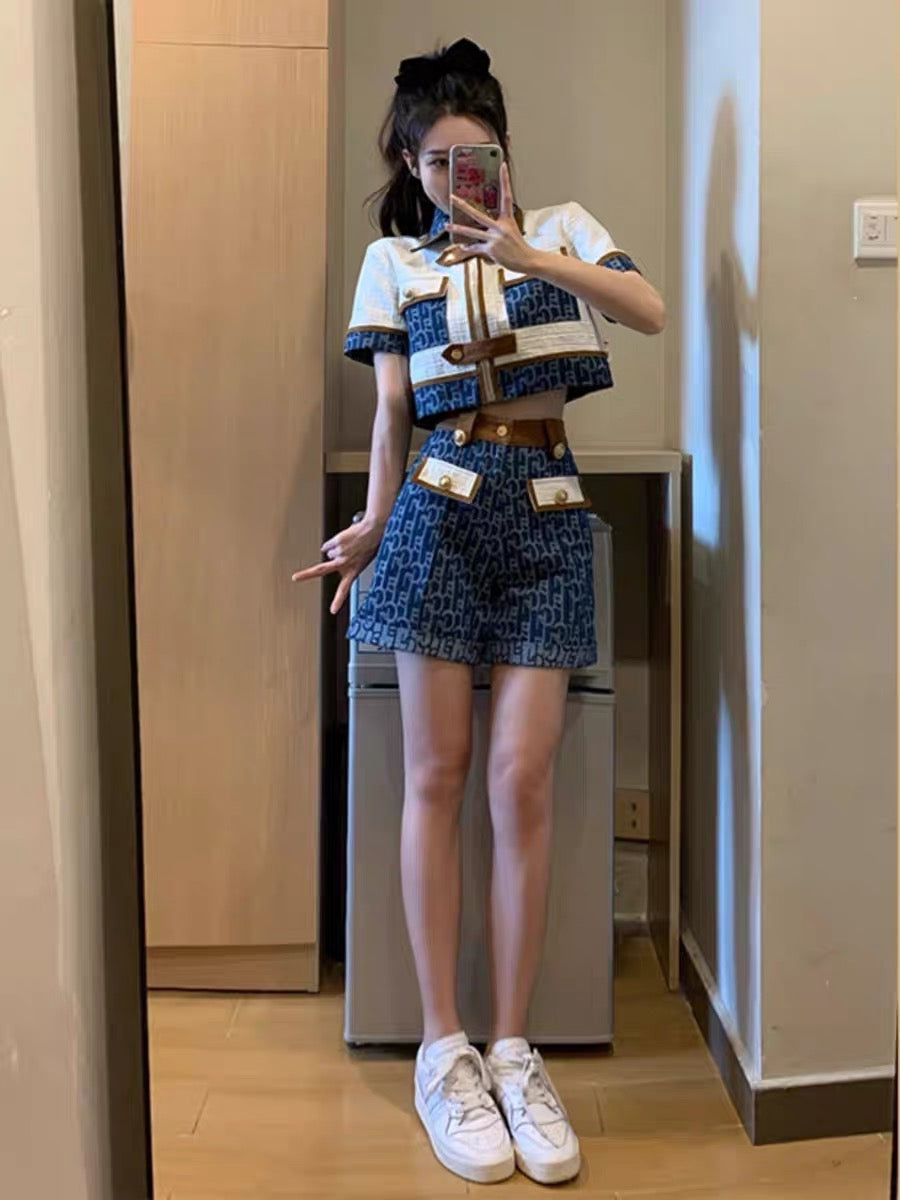 MUEL Original ◆Small fragrant style denim suit for women in summer, small Internet celebrity street casual high-end two-piece set (S036)