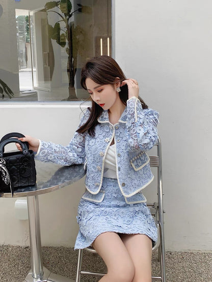 2023 new autumn clothing Xiaoxiang celebrity style pearl lace short top cardigan jacket half skirt two-piece suit (S168)