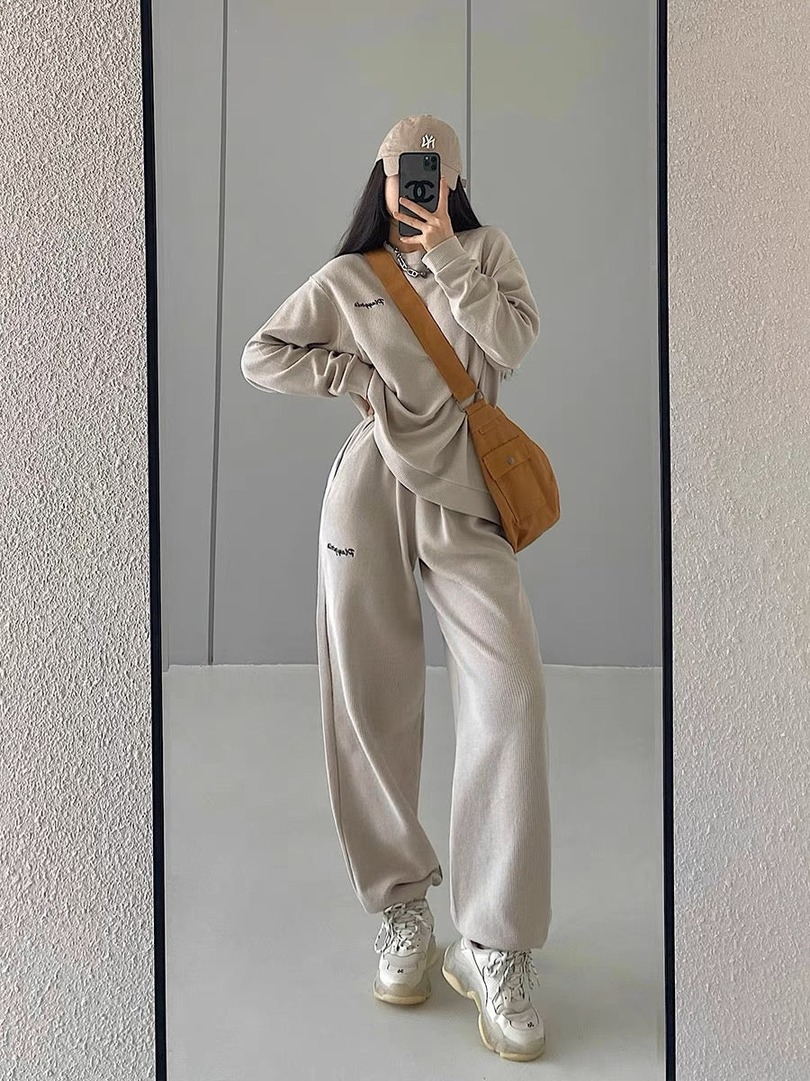 YoungGirlDay European and American loose slimming letter embroidered long-sleeved sweatshirt high-waisted casual sports trousers suit