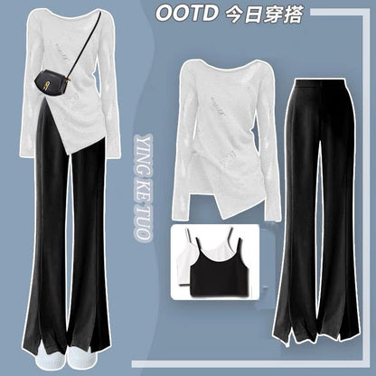 Autumn new style hot girl suit, light and mature style, sweet and spicy long-sleeved top, women's slim casual pants two-piece set, high-end