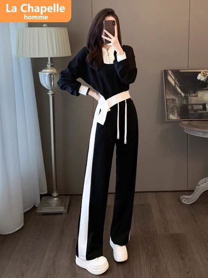 La Chapelle casual sports suit for women autumn 2023 new fashionable temperament drawstring lace design two-piece set