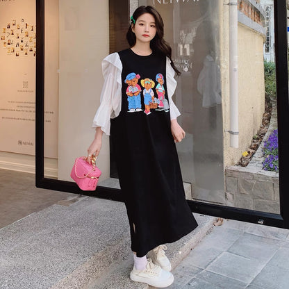 Black dress for women 2023 new summer design niche cartoon print cute age-reducing college style long skirt