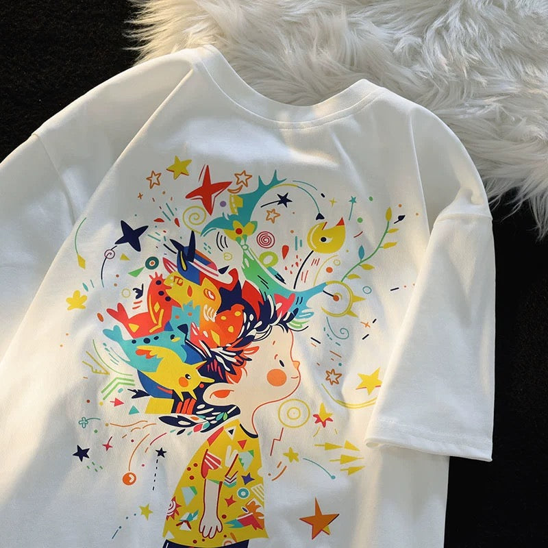 Jwneed Original cartoon trendy brand dopamine apricot short-sleeved t-shirt for women summer new niche couple wear unisex style top