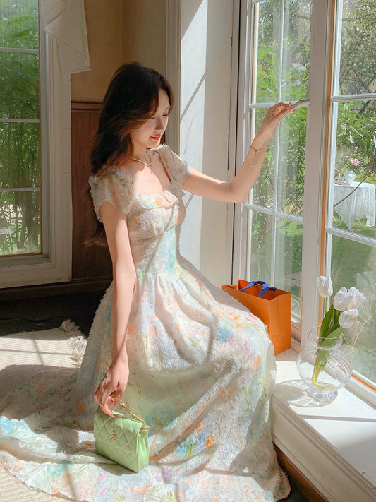 Zhang Xinzi [Summer Color Palette] French Square Neck Dress Women's Summer New Gentle Fairy Dress Tea Dress