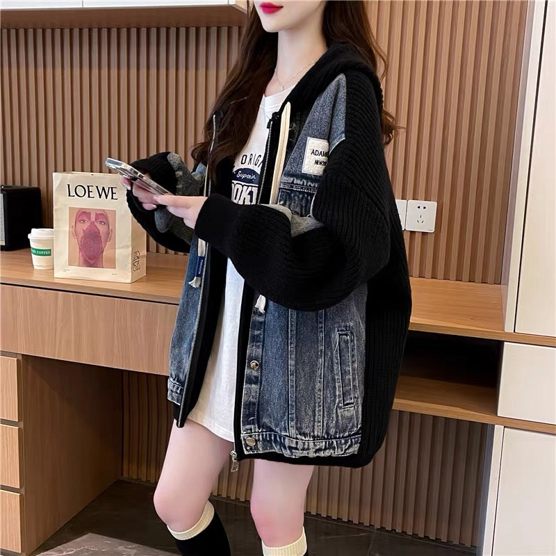 Loose and lazy denim patchwork sweater cardigan for women 2023 new autumn Korean style hooded knitted jacket (S0610)