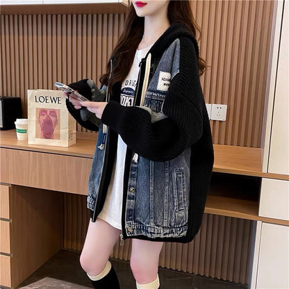 Loose and lazy denim patchwork sweater cardigan for women 2023 new autumn Korean style hooded knitted jacket (S0610)