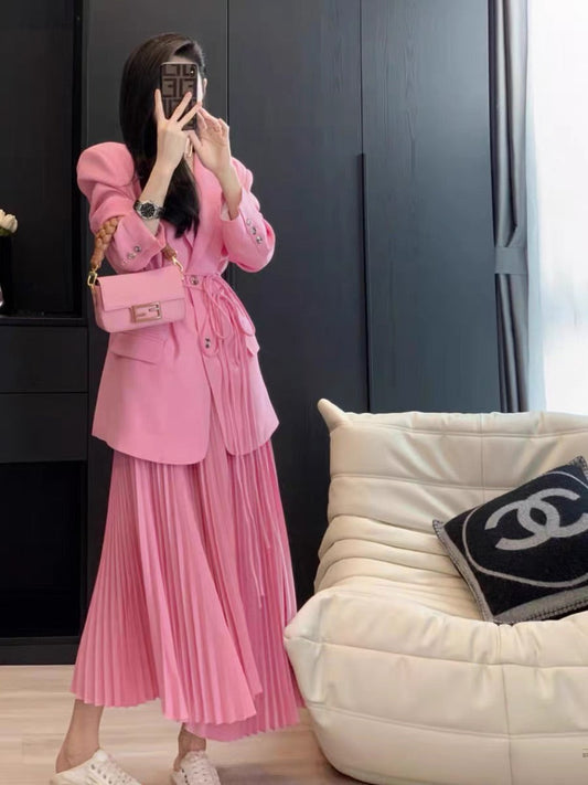 Spring and Autumn new style small fragrance retro fashion high waist slim high-end suit pleated skirt two-piece suit for women (S0950)