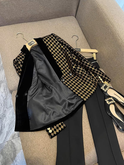 2023 European and American celebrity fashion women's jacket heavy industry rhombus hot diamond green fruit collar velvet suit jacket 7918 regular (B7911)