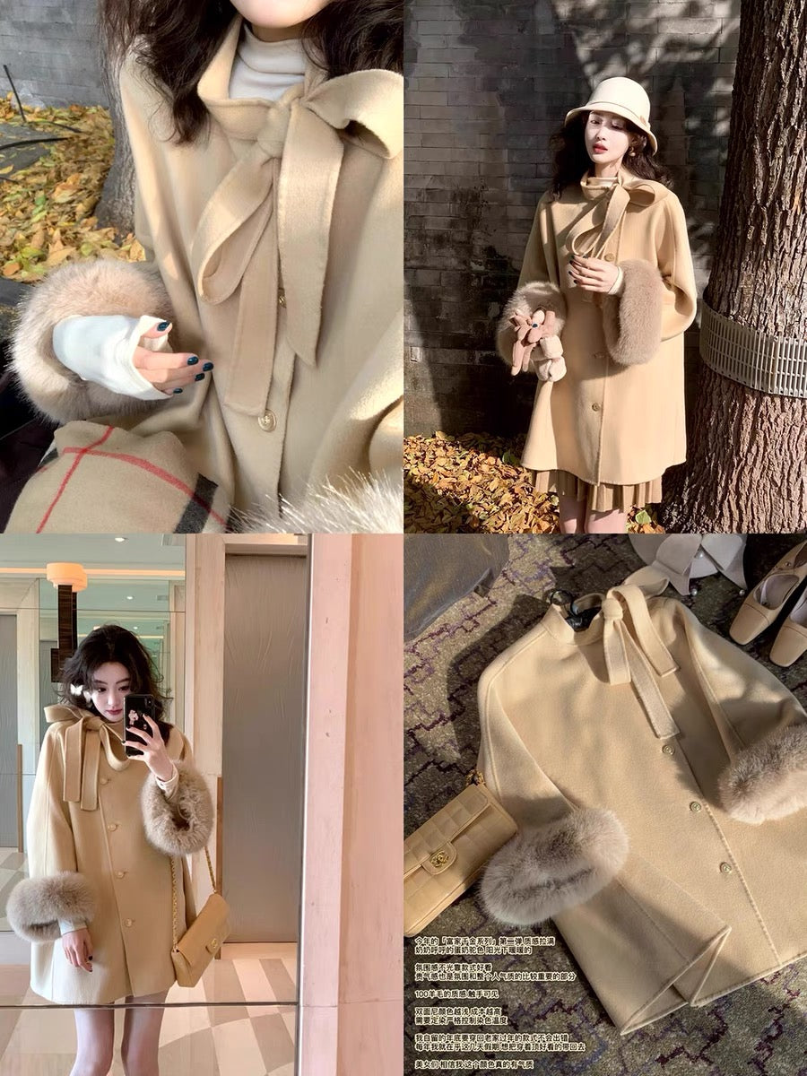 Retro elegant bow cape short wool double-sided woolen coat for women in autumn and winter T2364