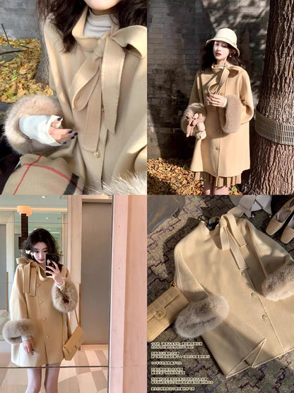 Retro elegant bow cape short wool double-sided woolen coat for women in autumn and winter T2364