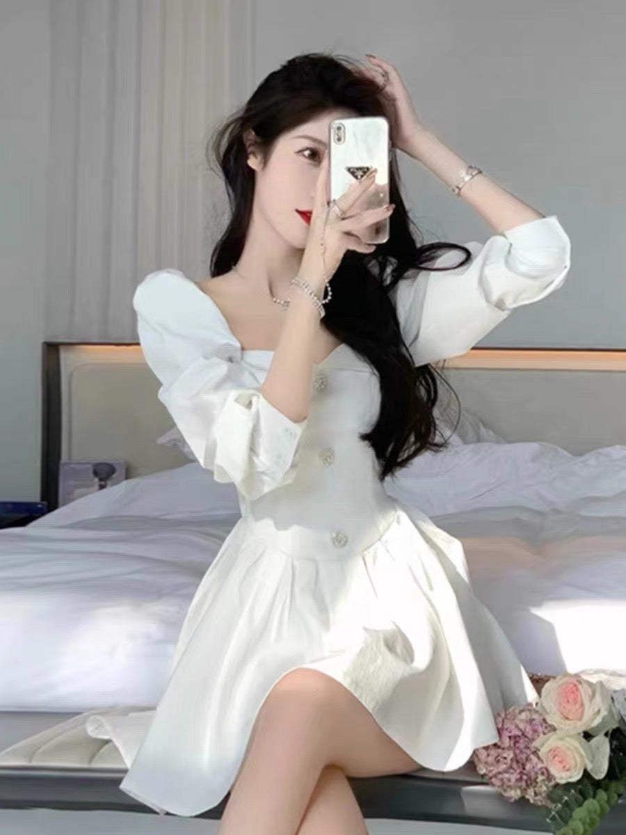 Tea break milk sweet waist dress first love one-shoulder pure desire moonlight white slimming celebrity sweet short tutu skirt (D018)
