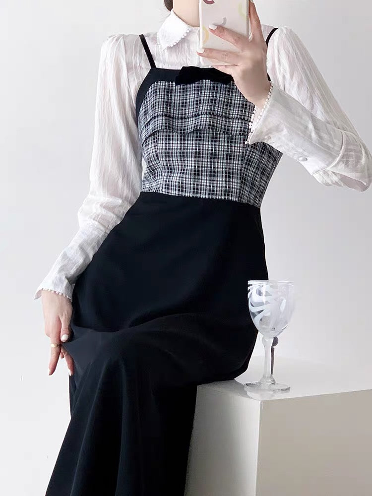 Sweet and cool college style suit skirt for women spring new style fashionable temperament gentle sweet suspender skirt two-piece set D9296
