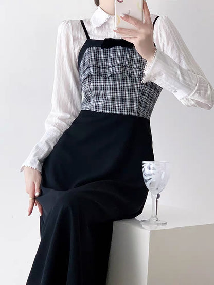 Sweet and cool college style suit skirt for women spring new style fashionable temperament gentle sweet suspender skirt two-piece set D9296