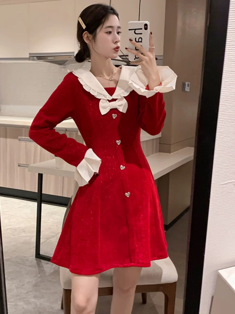 French sweet autumn and winter trumpet sleeve dress 2023 new women's small temperament waist slimming skirt