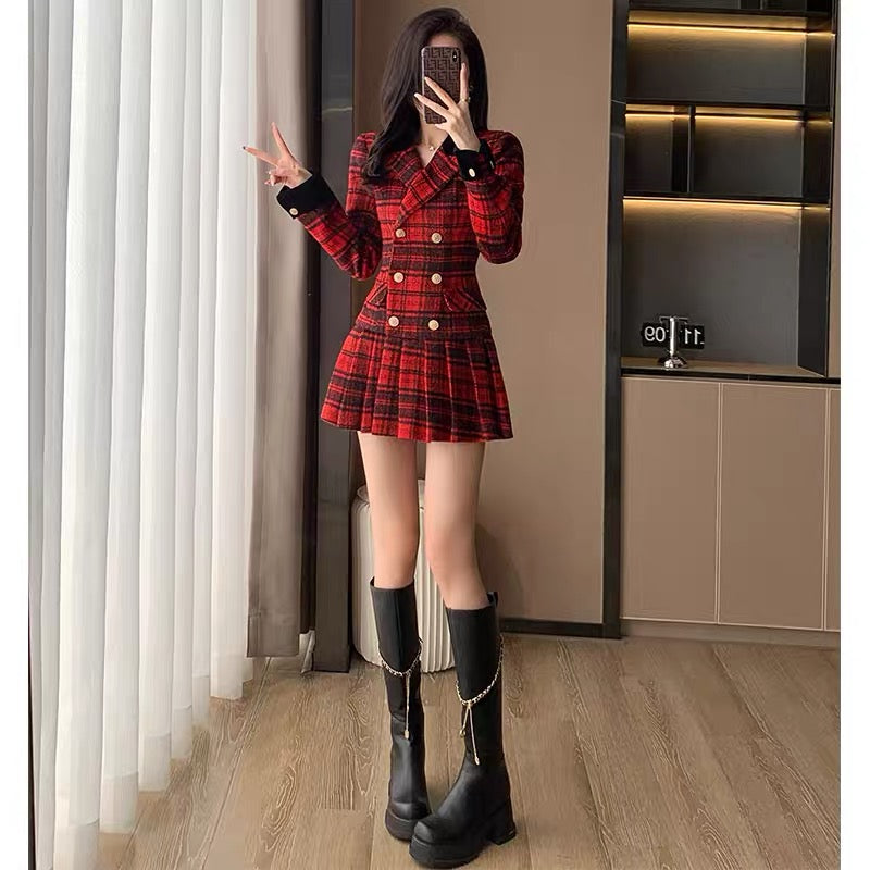 2023 new autumn women's clothing small fragrance style high-end red dress women's autumn and winter niche design suit skirt