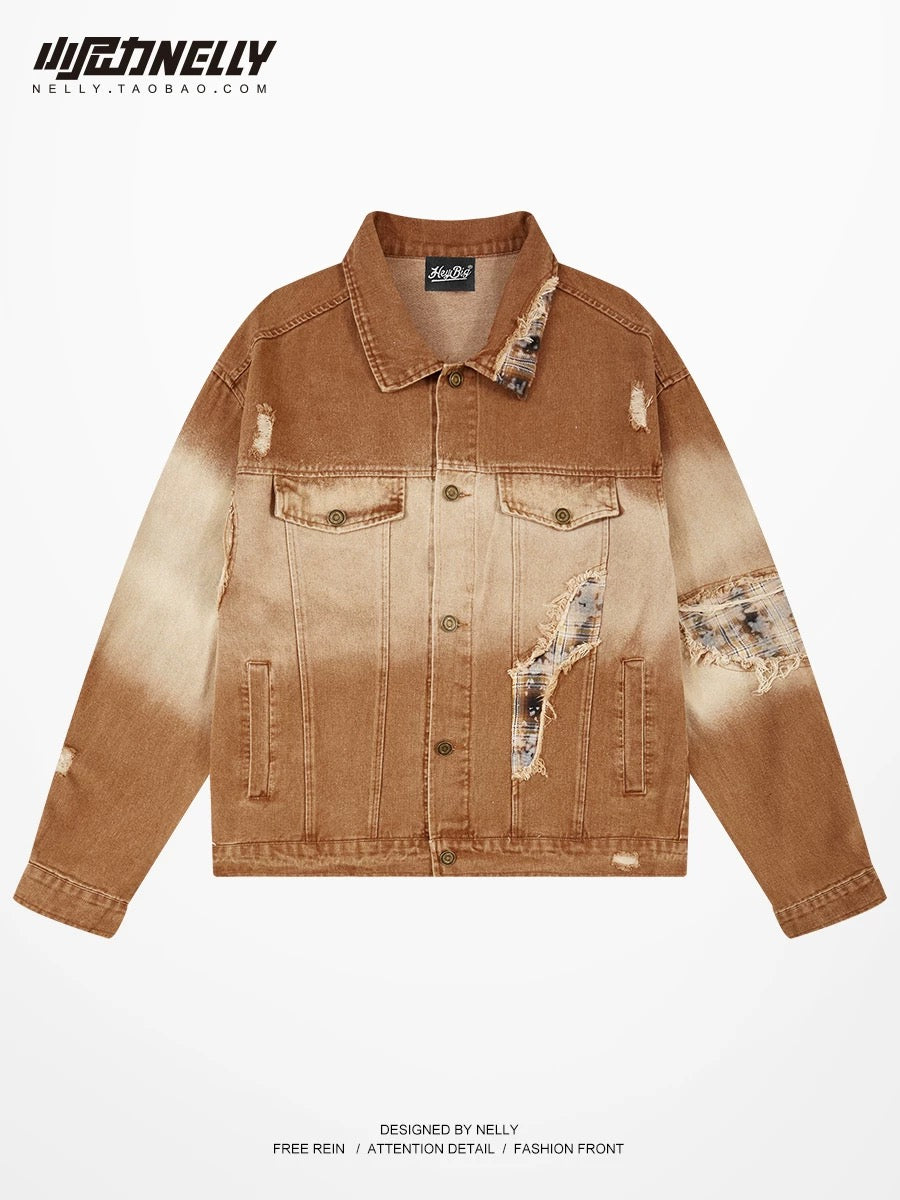 Early spring design Maillard ripped denim jacket for men and women trendy oversize contrasting color casual jacket top