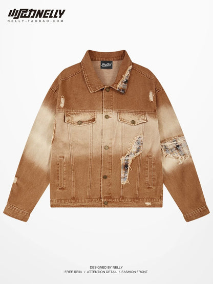 Early spring design Maillard ripped denim jacket for men and women trendy oversize contrasting color casual jacket top