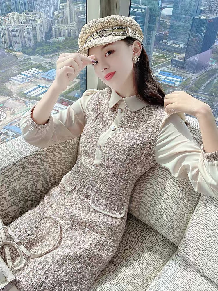 Xiaoxiangfeng Dress Autumn 2021 New Women's Polo Collar Contrast Color Splicing Fake Two-piece Retro Fashion Skirt