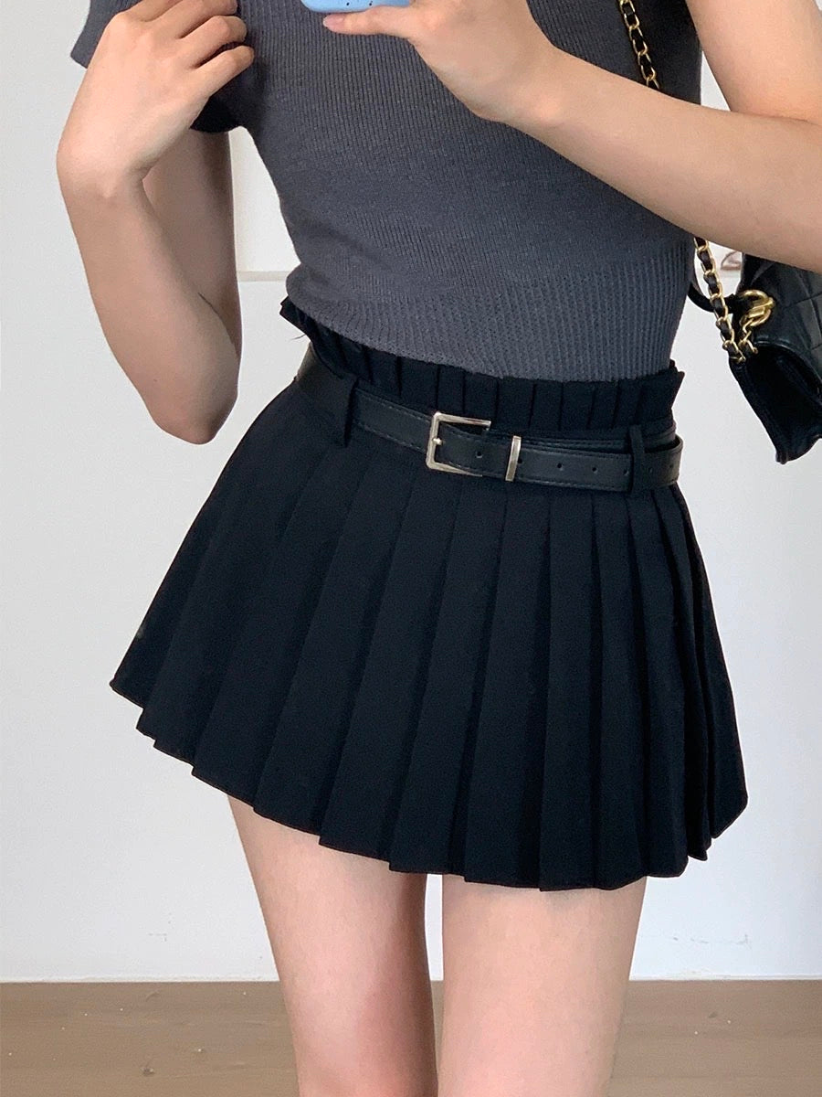 RENA sweet hot girl preppy style design sense solid color high waist slim fit pleated A-line anti-skid skirt