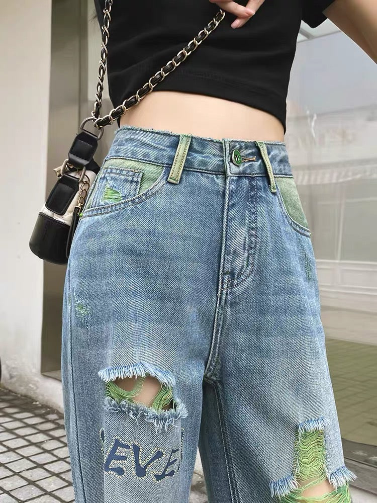 Ripped Jeans Women's Straight Leg Wide Leg Pants Premium Drape 2023 Autumn New High Waist Contrast Color Embroidered Floor Pants (P139)
